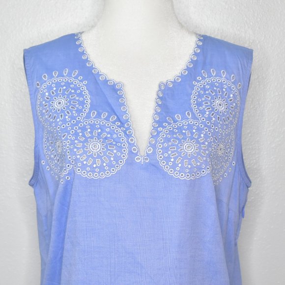 J. Crew Blue White Embroidered Eyelet Sleeveless Chambray Top Size 6 - Picture 3 of 15
